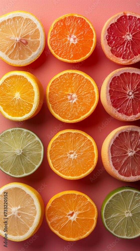 Poster orange, lemon, grapefruit citrus slices on red background
