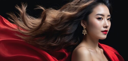 an asian woman in a red dress with her hair flying in the air and her hair blowing in the wind.