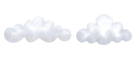 Set of blue clouds.Illustration with markers in watercolor style.Handmade isolated clip art of sky elements.Cartoon children's sketch for prints, packaging, clothing, cards, baby shower, fabric.