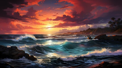 A vibrant crimson sunset over a tranquil ocean