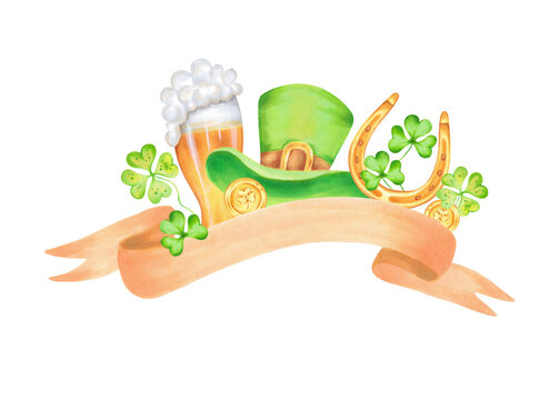 Brown ribbon for text with elements of St. Patrick's Day. Golden horseshoe and coin, a mug of beer with a green cylinder and clover. Watercolor illustration. Hand drawn isolated strip for a banner.
