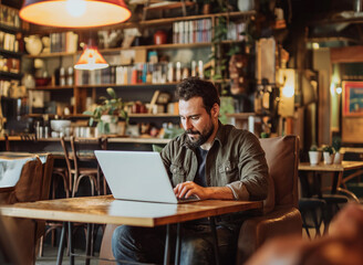 Obraz premium Entrepreneur man working on laptop in a modern cafe shop, remote worker / digital nomad