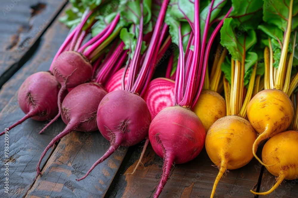 Poster a collection of fresh beets arranged neatly on top of a sturdy wooden table.