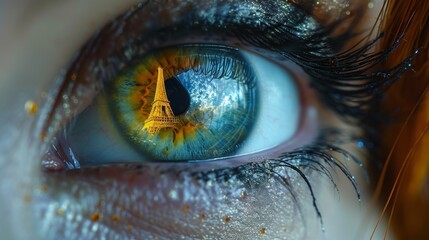 Close Up of Persons Eye With Eiffel Tower Reflection