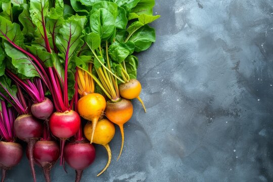 Bunch of red and yellow Beets on a Table with copy space