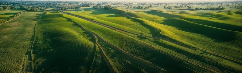 Rural landscape with scenic dirt road cutting through lush green field. Countryside scenery, rural travel destination, serene nature view, website header, copy space. Generative AI
