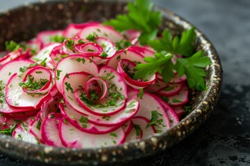 Obraz na płótnie Canvas Bowl Filled With Sliced Radishes on Top of Table