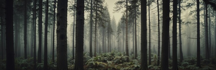 Vintage photo of dense forest enveloped in fog, with tall trees and ferns. Old-fashioned woodland landscape, misty atmosphere, nature background for website header with copy space. Generative AI - obrazy, fototapety, plakaty