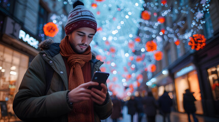 A man in a winter coat is looking at his phone while standing outside a building decorated with beautiful lights.