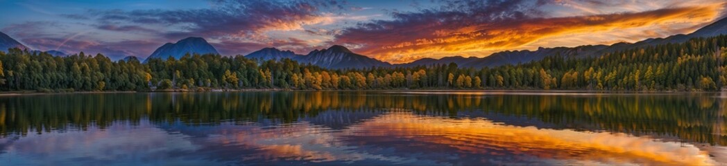 Sunset panorama of beautiful lake and distant mountains, travel and adventure concept, idyllic nature scenery, website header, copy space. Generative AI