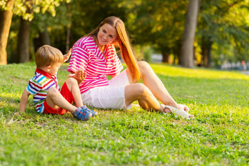 Mother and Son Playing Joyfully in Park