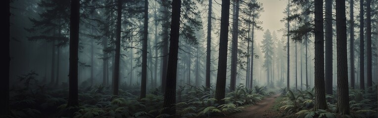Misty forest scene, serene woodland ambiance, ethereal foggy atmosphere, nature's tranquility, website header, copy space. Generative AI