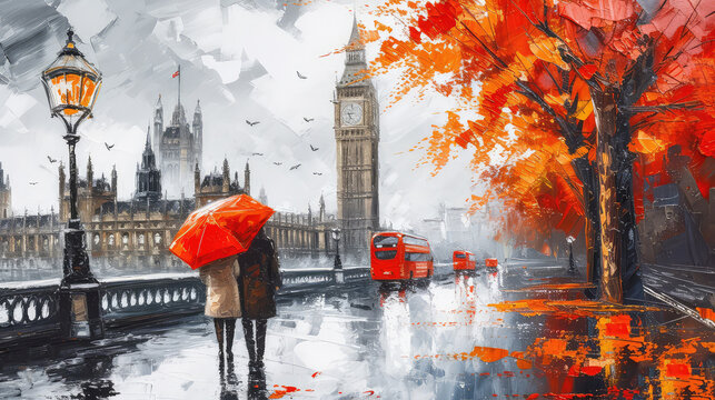 oil painting on canvas, street view of london. Artwork. Big ben. man and woman under a red umbrella, bus and road. Tree. England