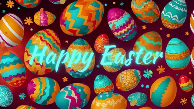 Happy Easter animated video footage with a colorful Easter egg background, blurred light and greeting text
