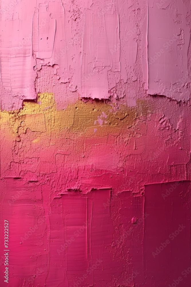 Poster an image of a painting featuring pink and yellow colors displayed on a wall.