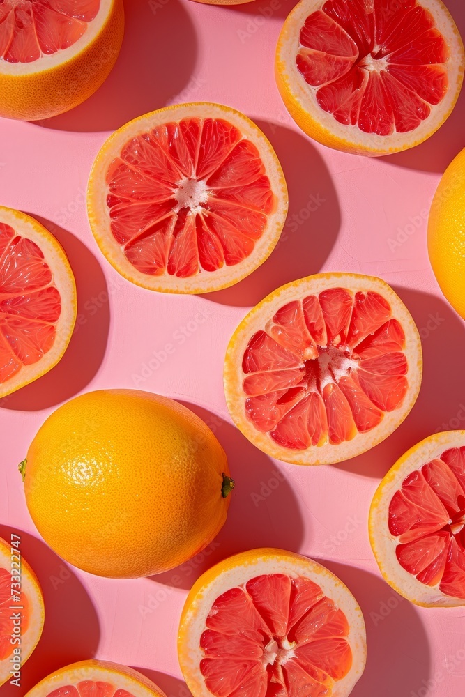 Poster several grapefruits cut in half arranged neatly on a vibrant pink surface