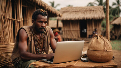 An African native man sits in his village and works on a laptop. The concept of ubiquity of the Internet and new technologies