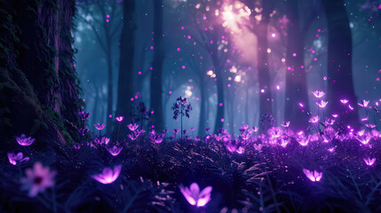 Fairy forest at night, fantasy glowing flowers and lights.