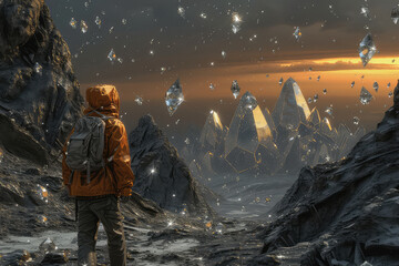 illustration painting of the explorer came to a spooky environment with diamonds, 3D illustration.