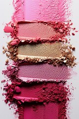 Lipstick and eyeshadow swatches in pink and gold hues on a white background