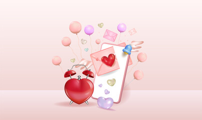 A festive banner. Pink background, calendar, balloons, heart.
A vector image. Space for copying.