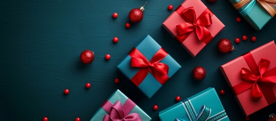 Banner with many gift boxes tied velvet ribbons and paper decorations on turquoise background. 
