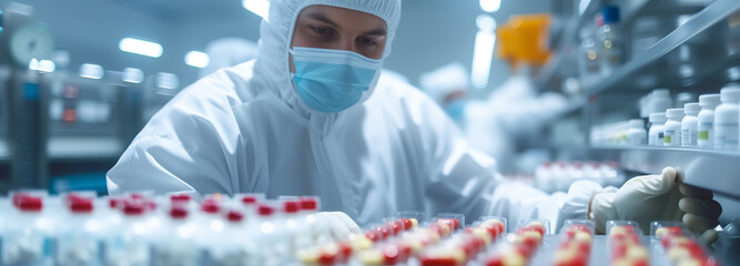 Pharmacist working Sorting pharmaceutical capsules by a sorting machine on a production line