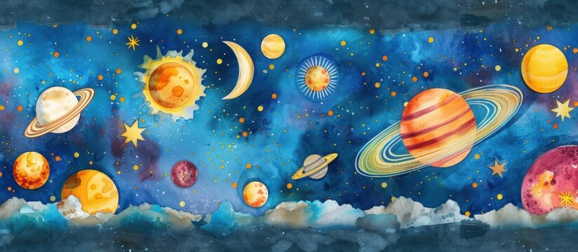 Illustration cosmic scene with planets and nebulae on vibrant watercolor for wallpaper. Generated AI