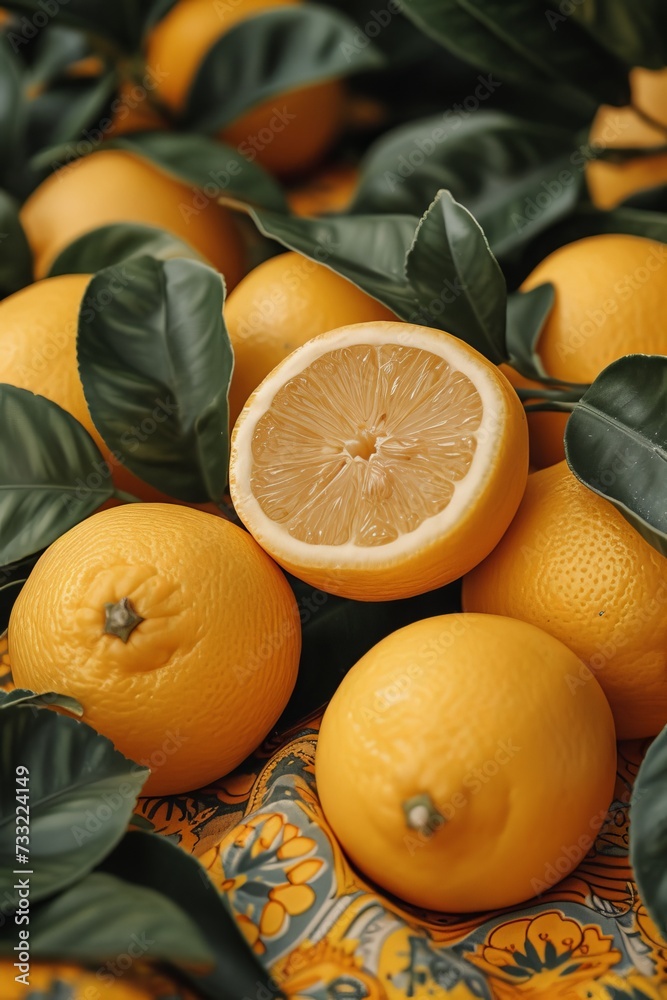 Poster a pile of lemons is arranged on top of a table.