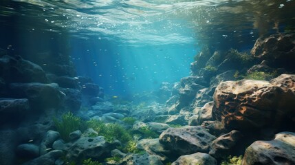 Obraz premium Beautiful ocean floor, algae on the rocks, suns rays break through the water column, view from the bottom.