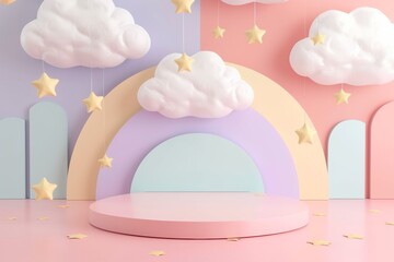 cute white cloud shape stage with stars element on sweet colorful pastel wall and pink floor 
