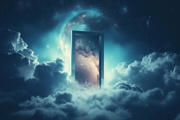 An open door in the clouds, parallel universes, multiverses, dream
