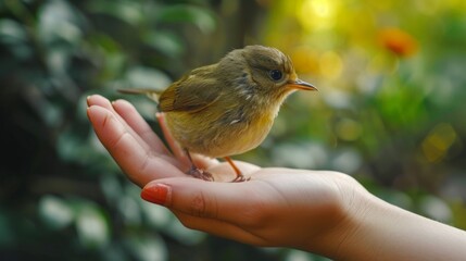 A small hand feeding a bird, teaching kindness and connection with all living beings.