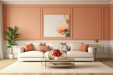 Luxurious living room with a large coral or terracotta accent sofa. Empty beige ivory walls as background. Ideal space for gallery or art. Colorful interior home design with a 3D. Generative AI