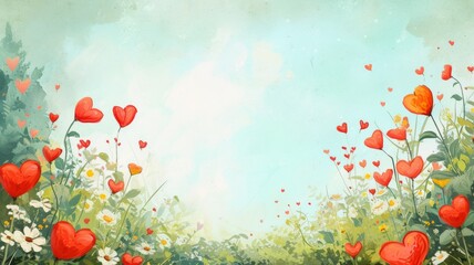 heart shaped spring flowers on blue background

