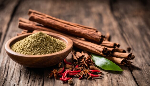A wooden table with a bowl of spices and cinnamon sticks