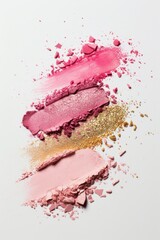 A photo showcasing three eyeshades of different colors placed on a white surface.   Lipstick and eyeshadow swatches in pink gold colors  on a white background