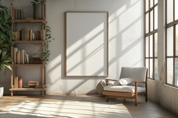 Mock up frame in bedroom interior, beige room with natural wooden furniture, 
