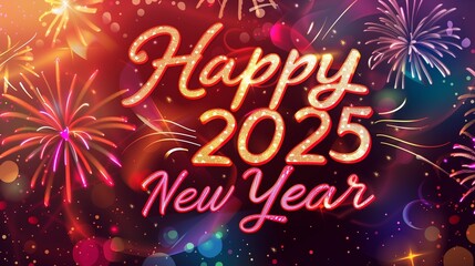 New Year's banner with fireworks and fireworks and a large inscription happy 2025 new year