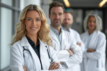 Fototapeta premium Team of doctors in their medical scrubs standing next to each other, ready to provide medical care and expertise