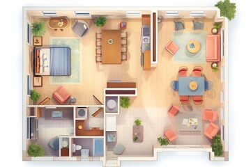 Fototapeta premium Detailed illustration of a furnished lived in single family home floor plan from above isolated on a white background, Decorated single family . Ai generated