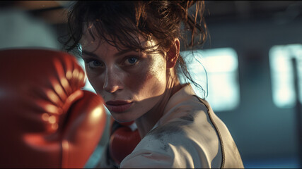 young woman with boxing gloves training martial arts