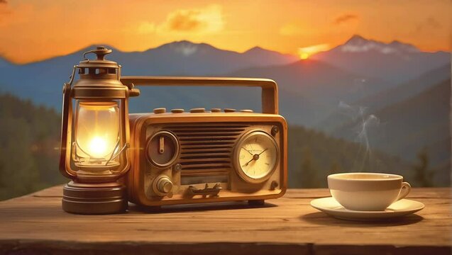 Old antique radio and a hot cup of coffee
