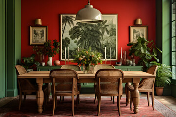 Fototapeta na wymiar dining room interior in green and terracotta colors