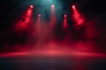 Fototapeta premium Red Smoke on a dark background. Dark empty room with rays of light, searchlight. Color correction, background.