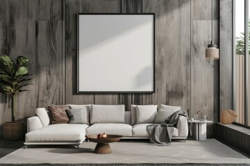 Blank white square mock up poster frame on wall in modern interior living room background - obrazy, fototapety, plakaty