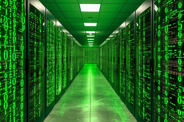 Green-Toned Server Room with Streaming Digital Code