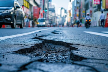 Long cracks on a busy city street, due to the impact of an earthquake or poor asphalt quality. Damaged roads. Potholes. The background appears blurry.