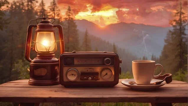 old radio and a steaming cup of coffee beside the window. Cartoon or anime watercolor digital painting illustration style. seamless looping 4k video animation .