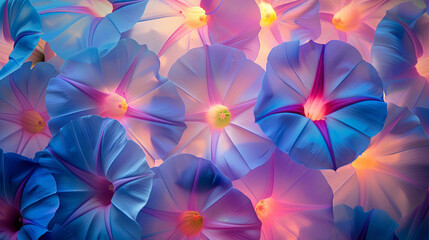 Morning glory flowers,  graphic banner. Frame filled with flowers